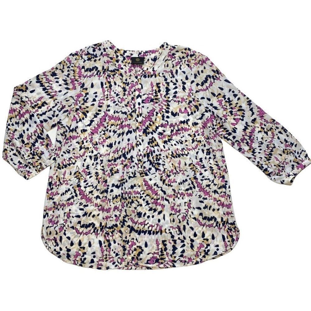 JM Collection‎ Blouse Top Medium Women's Artistic Print Pleated-Back NEW